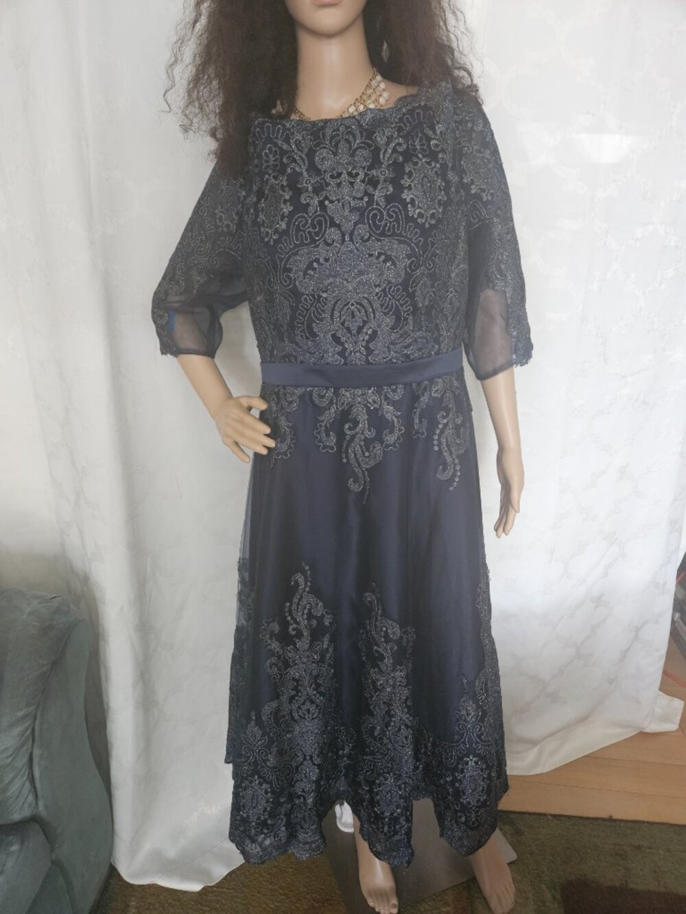 JJ's House Dark Navy Lace Embroidered Midi Dress NWT